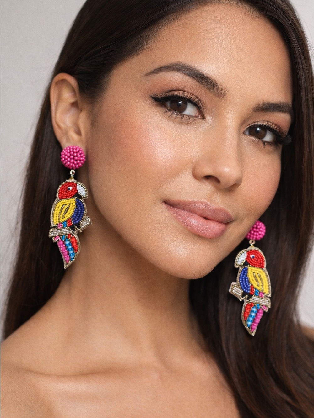 Beaded Parrot Drop Earrings - Pink, Red, Yellow, Blue